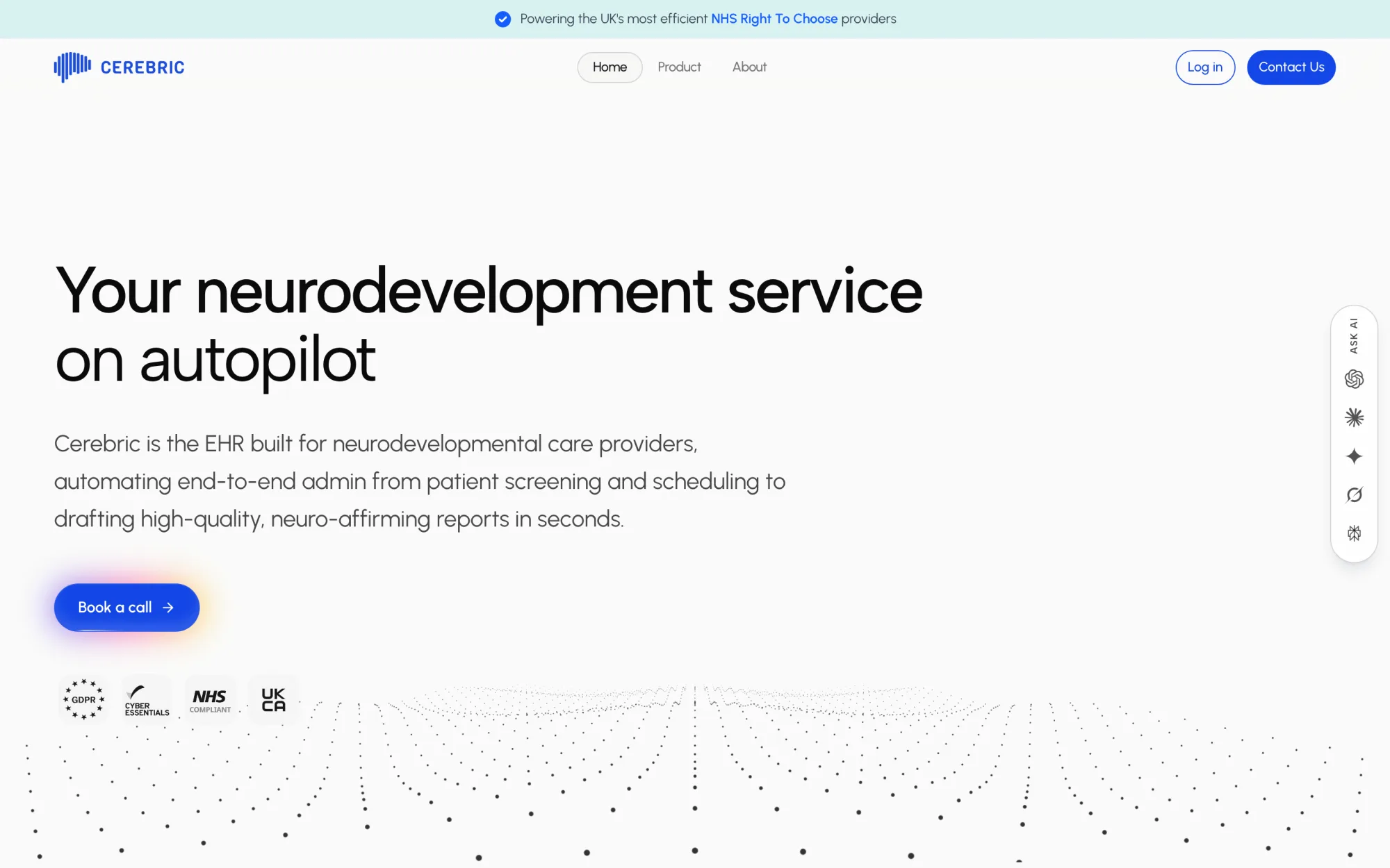 The Cerebric homepage — 'Your neurodevelopment service on autopilot'