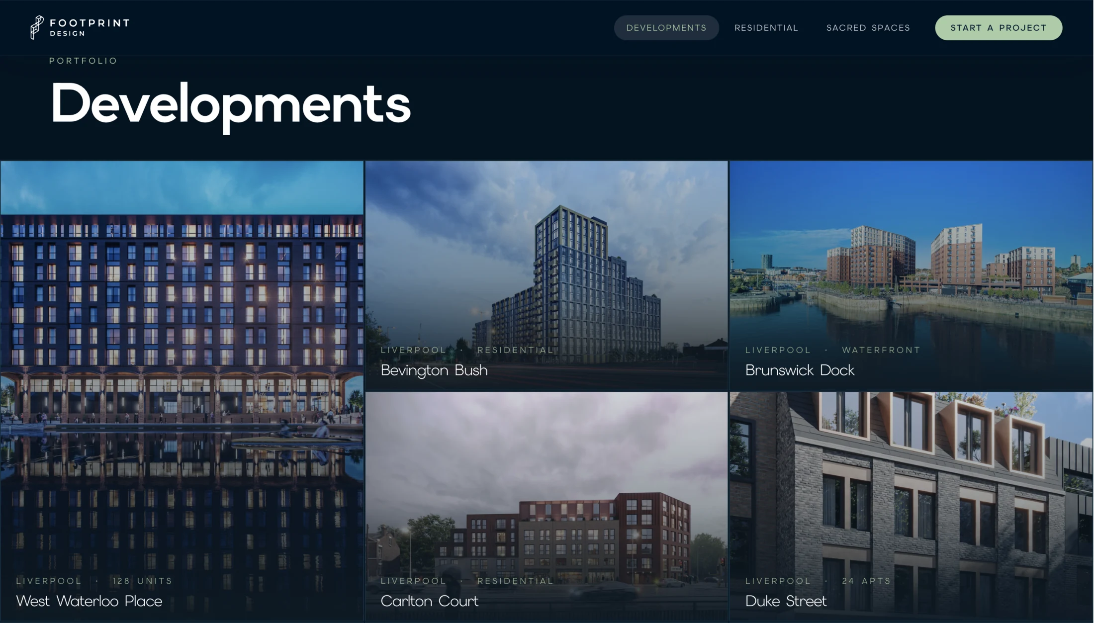 The live Footprint Design developments page — a bento grid of projects